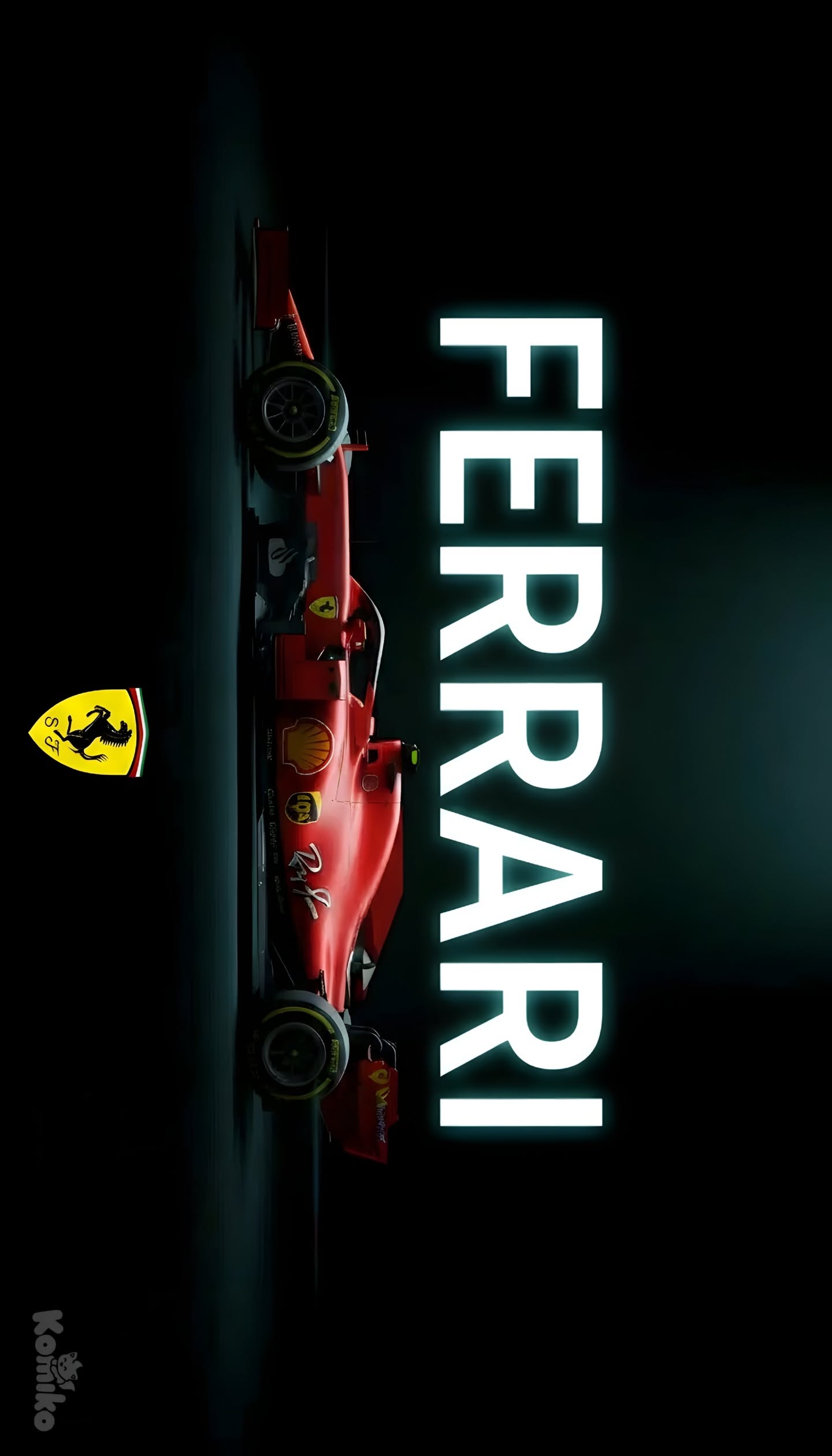 the ferrari logo is shown on top of a red car in front of a black background