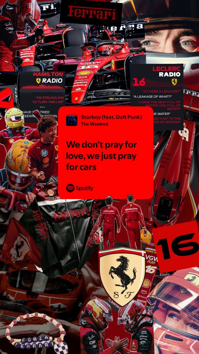 the ferrari logo is surrounded by red and black items