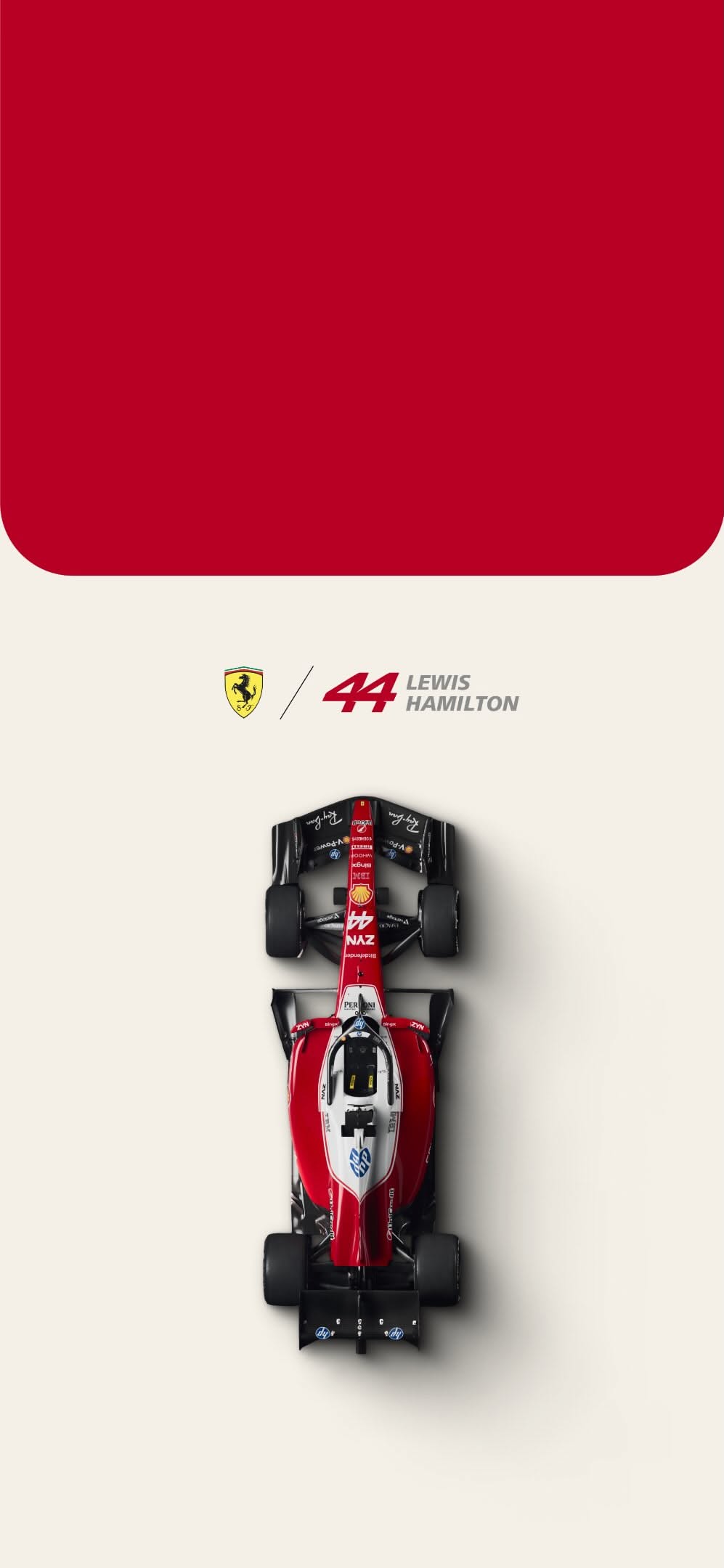 the ferrari racing car is shown from above, with red and white stripes on it