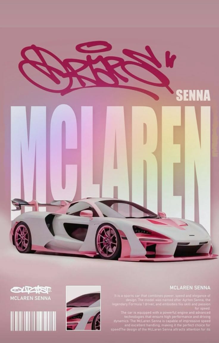 the front cover of a magazine with an image of a sports car in pink and white