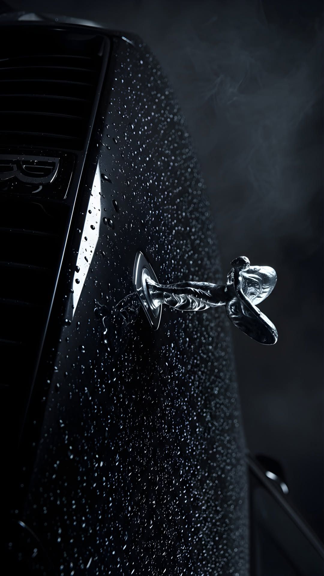 the front end of a black car with water droplets on it's hood and door handle