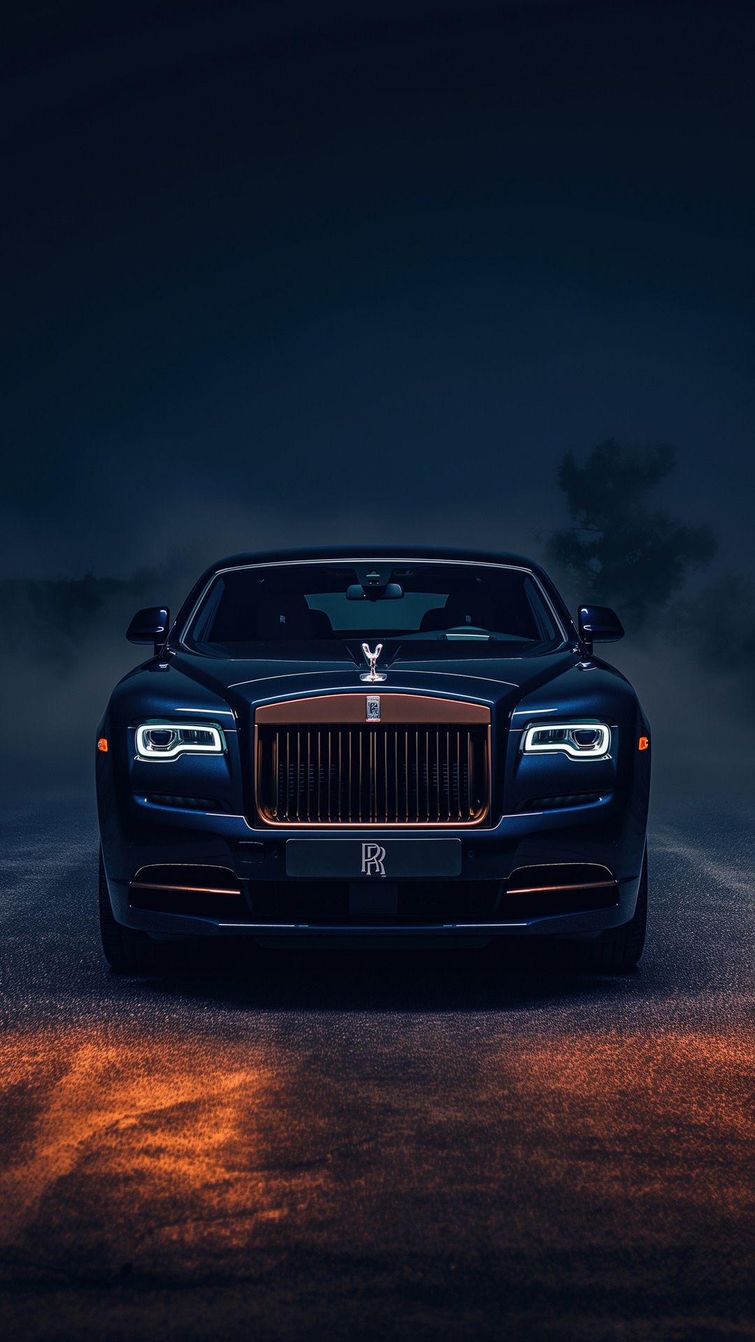 the front end of a black rolls royce parked on a street at night with fog