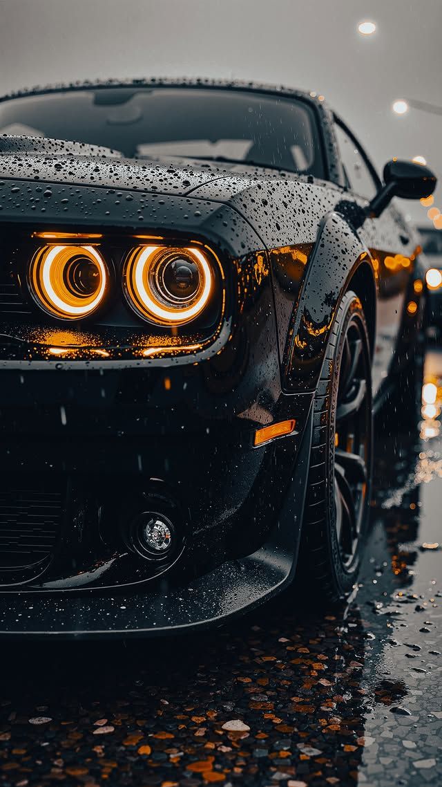 the front end of a black sports car with its lights on and raindrops all around it