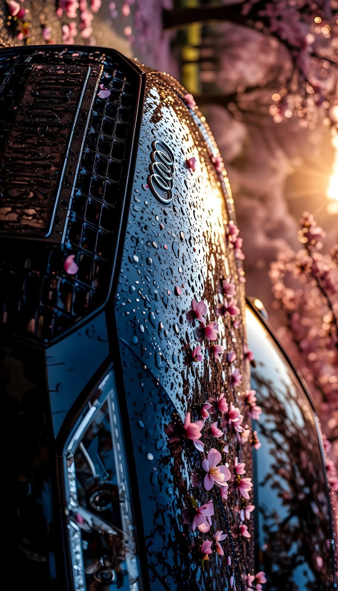 the front end of a car covered in raindrops with pink flowers on it
