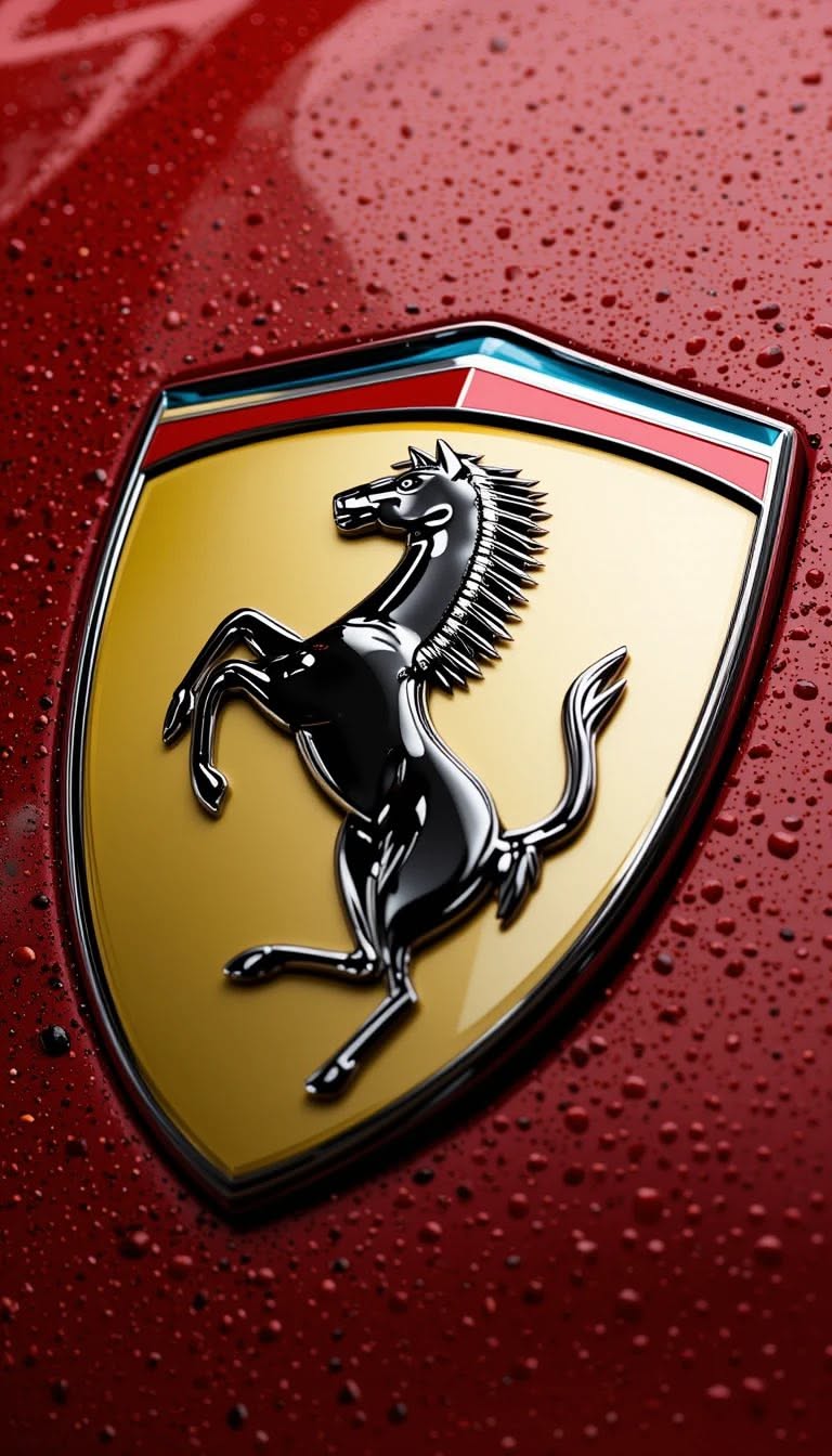 the front end of a red car with a black and yellow ferrari emblem on it