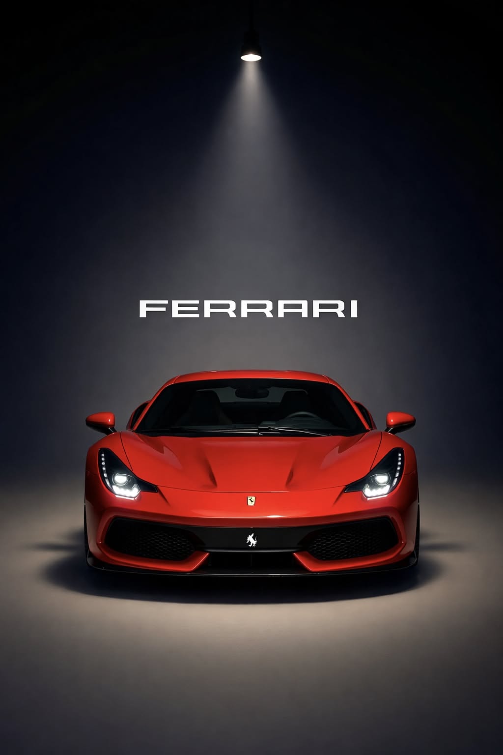 the front end of a red ferrari sports car with its lights on in a dark room