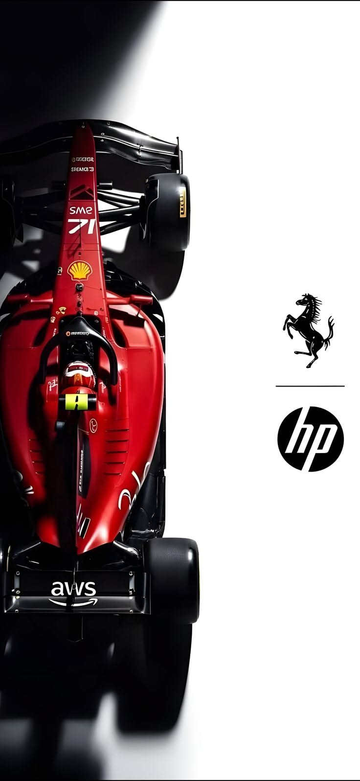 the front end of a red race car with logos on it and an image of a horse