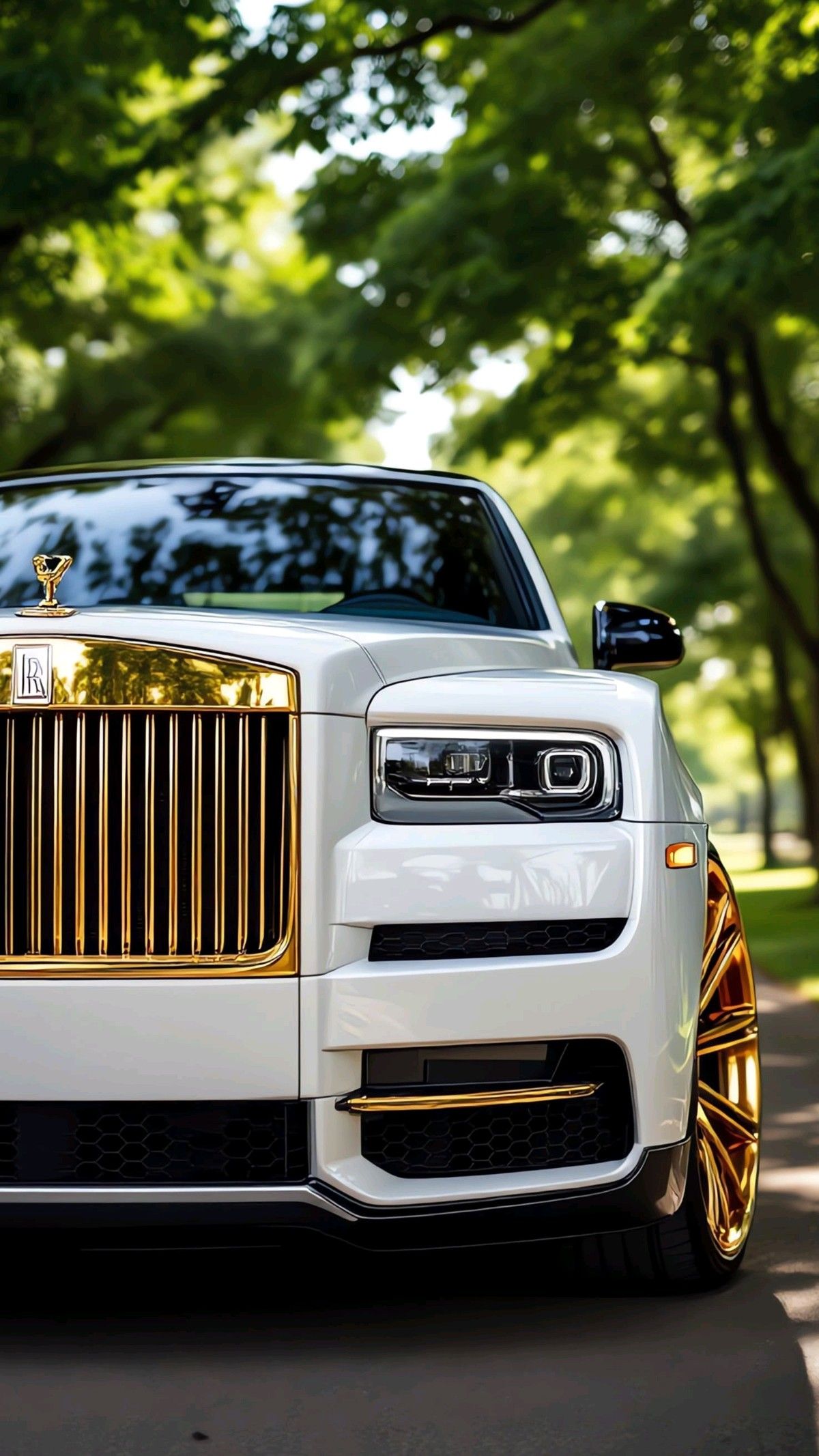 the front end of a white rolls royce parked on a street with trees in the background