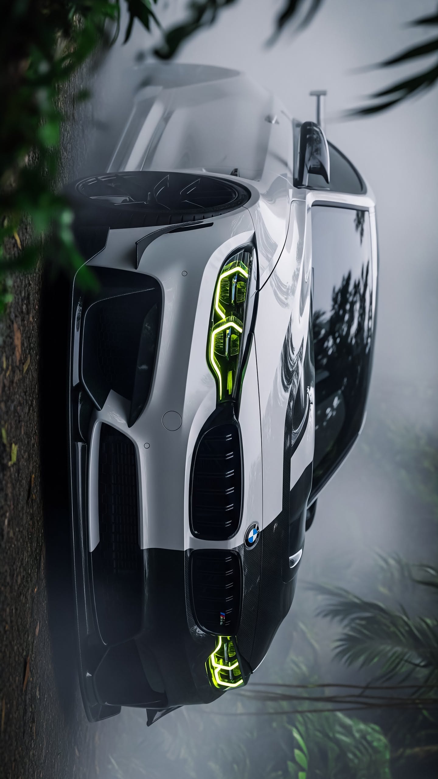 the futuristic car is parked in front of a tree with its hood up and lights on