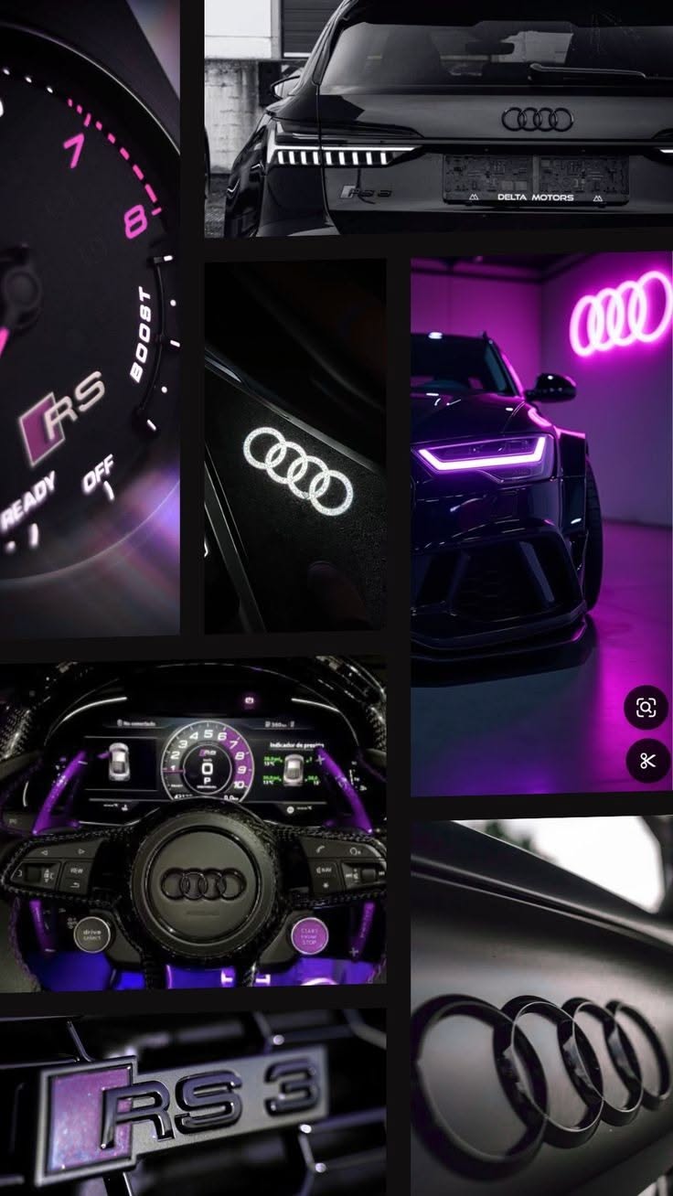 the interior of a car is shown with purple lights and an audi logo on it