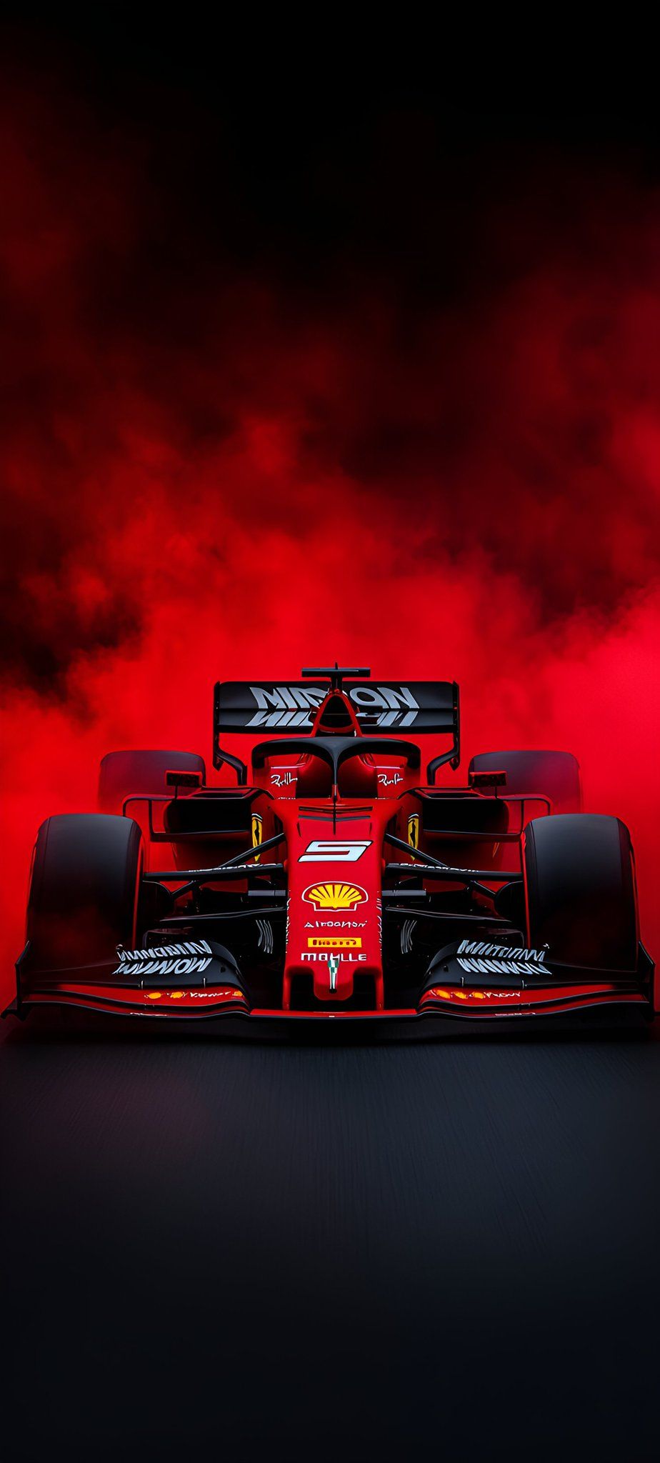 the new ferrari racing car is shown in front of a red sky with clouds behind it