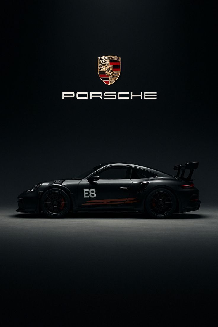 the porsche logo is shown above a black car in front of a dark background with red trim