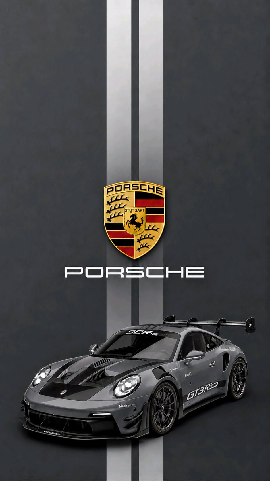 the porsche logo is shown on a black and white striped background with an image of a sports car