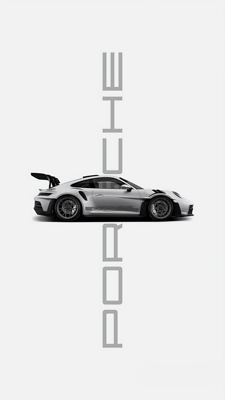 the poster for porsche's new car, the 917 gtr is shown in black and white