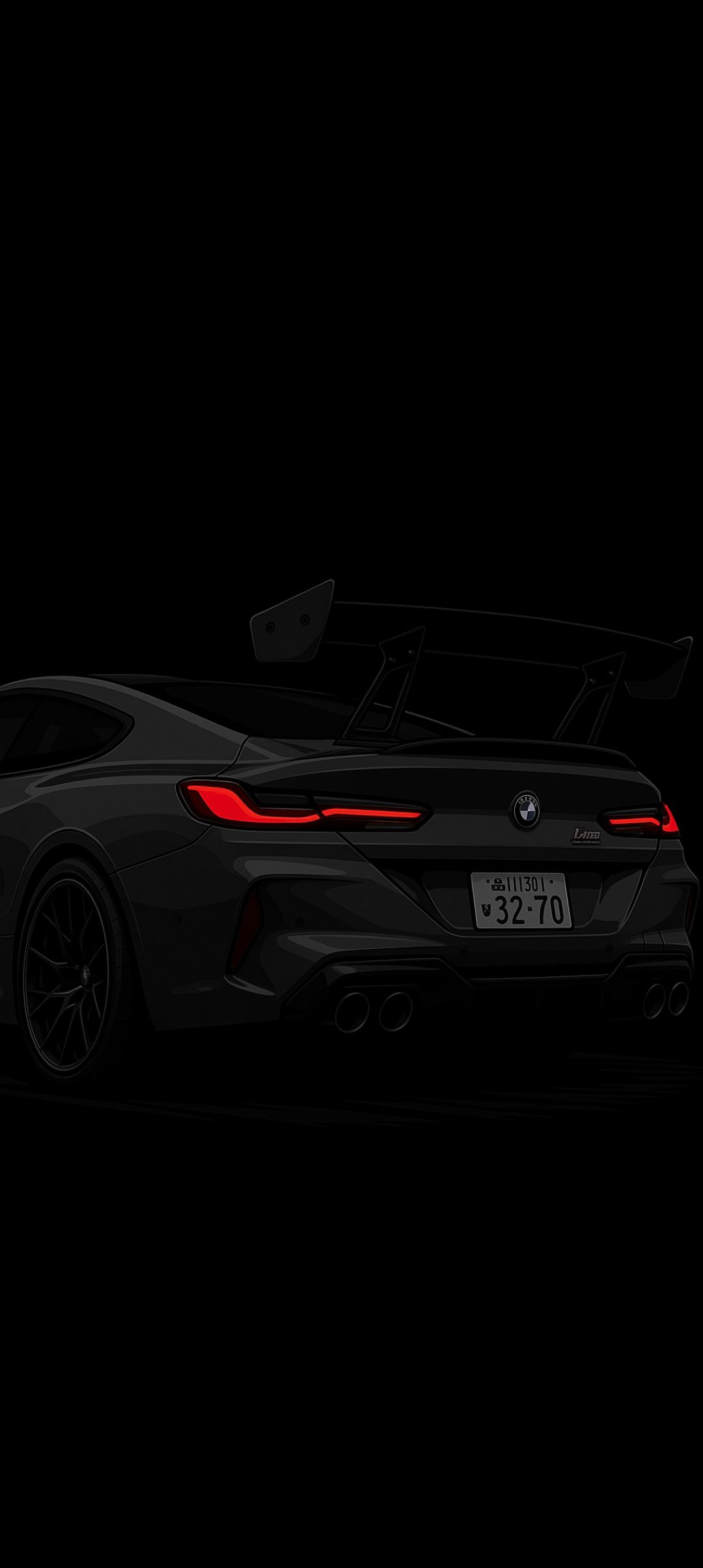 the rear end of a black sports car with its lights on in the dark room