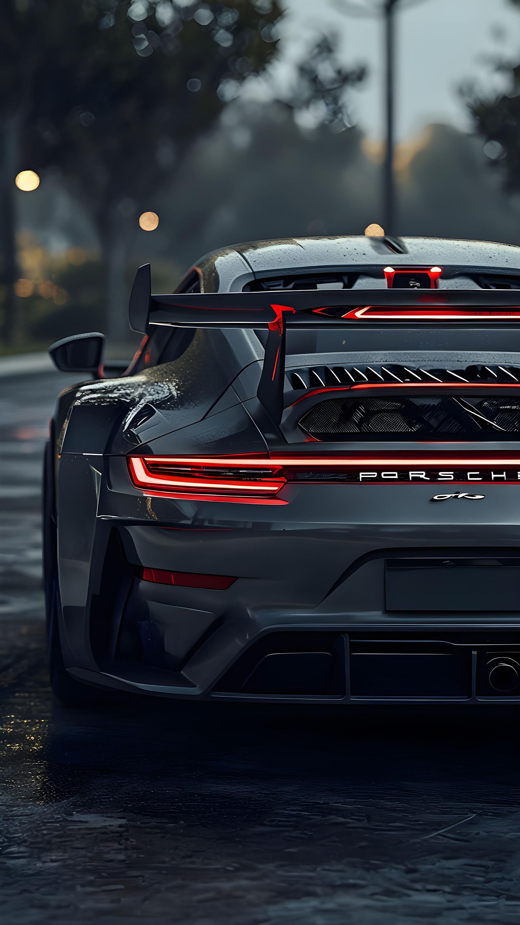 the rear end of a grey sports car on a wet road