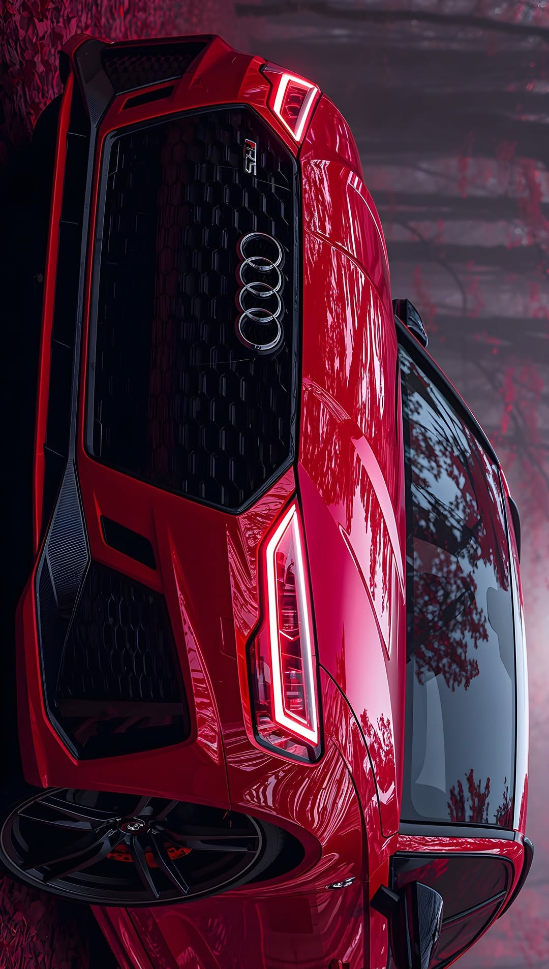 the rear end of a red sports car with its hood up and lights on, in front of a tree
