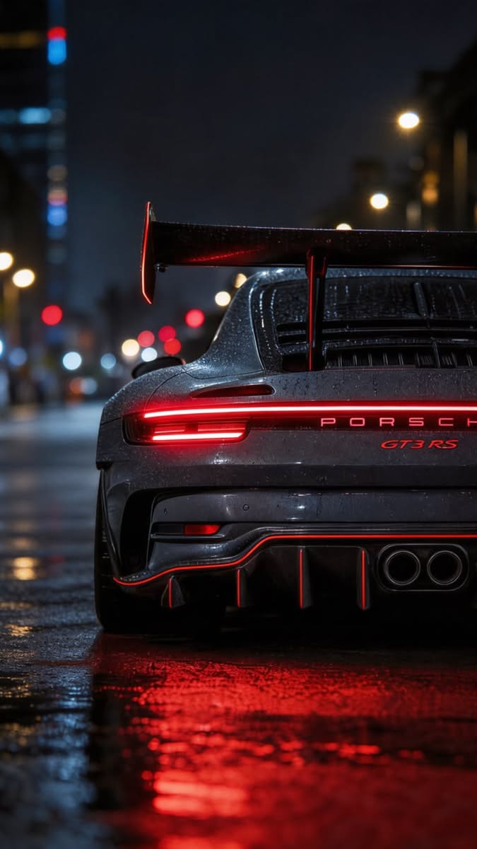 the rear end of a sports car on a city street at night with red lights