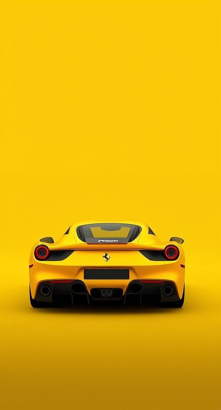 the rear end of a yellow sports car in front of a bright yellow background