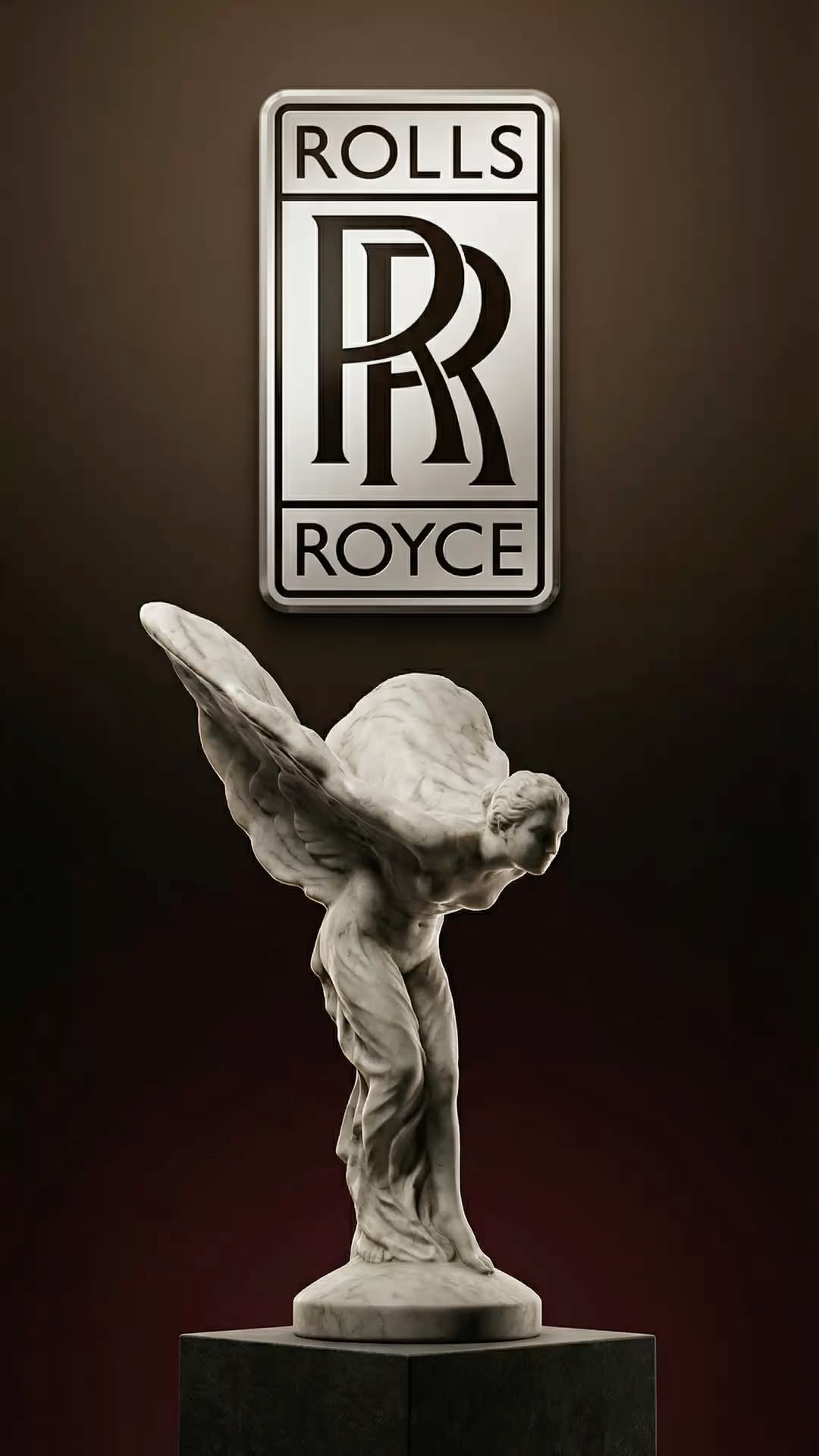 the rolls royce logo is shown above a statue in front of a black background with an angel