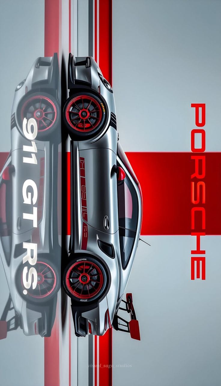 the top view of a silver sports car with red stripes on it's side