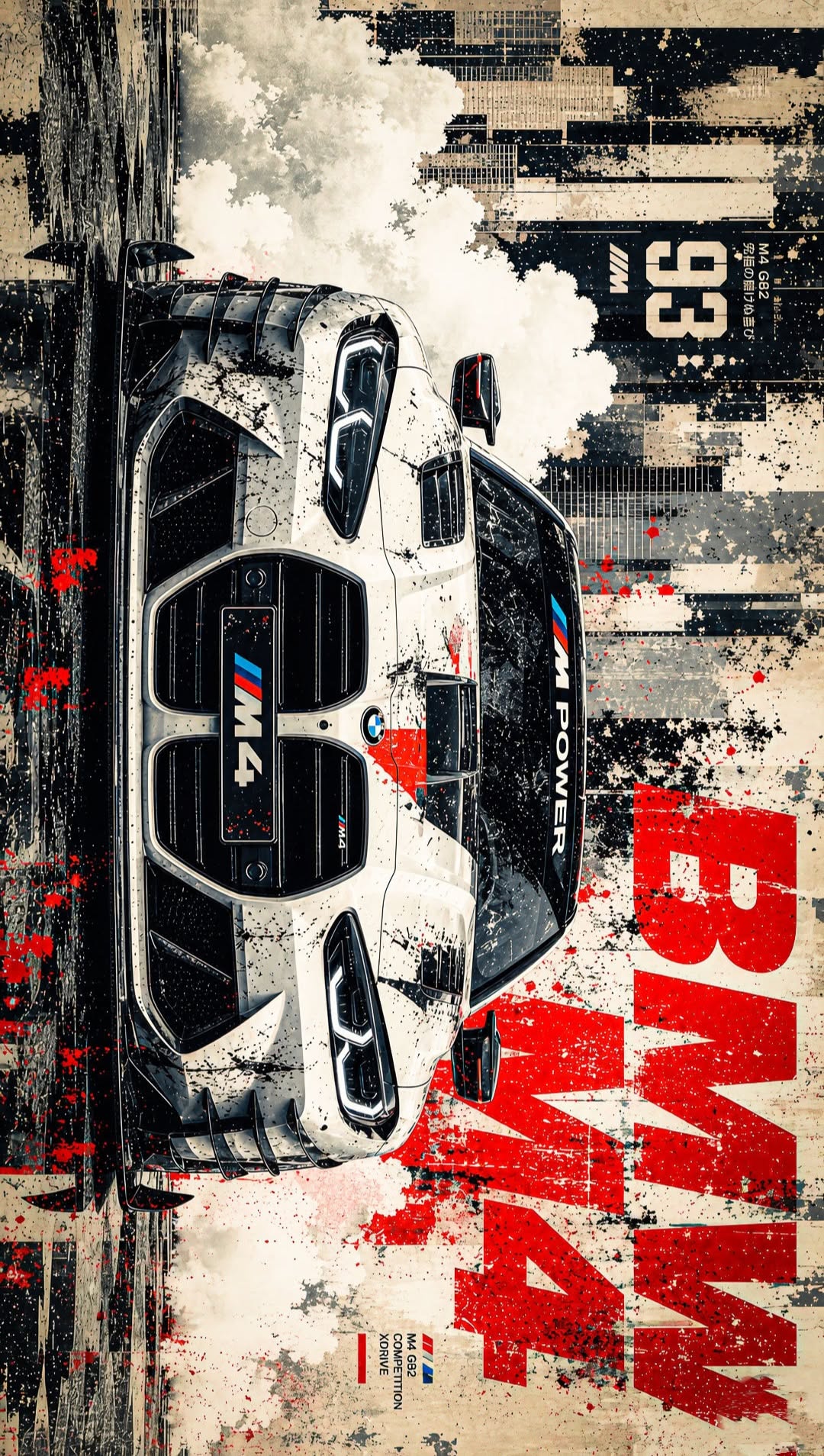 the top view of a white sports car with red paint splattered on it