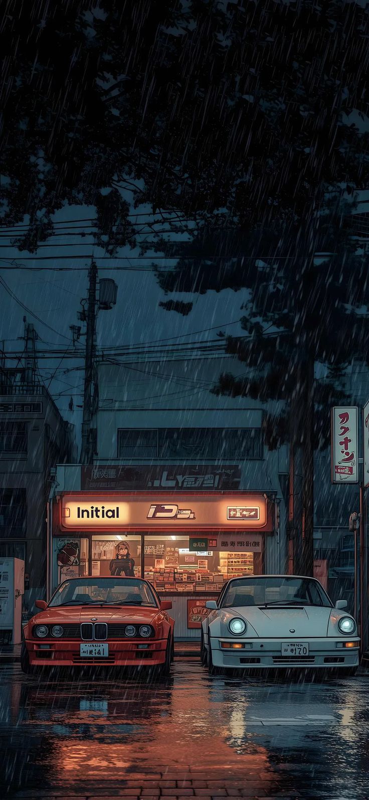 two cars parked in front of a store on a rainy night