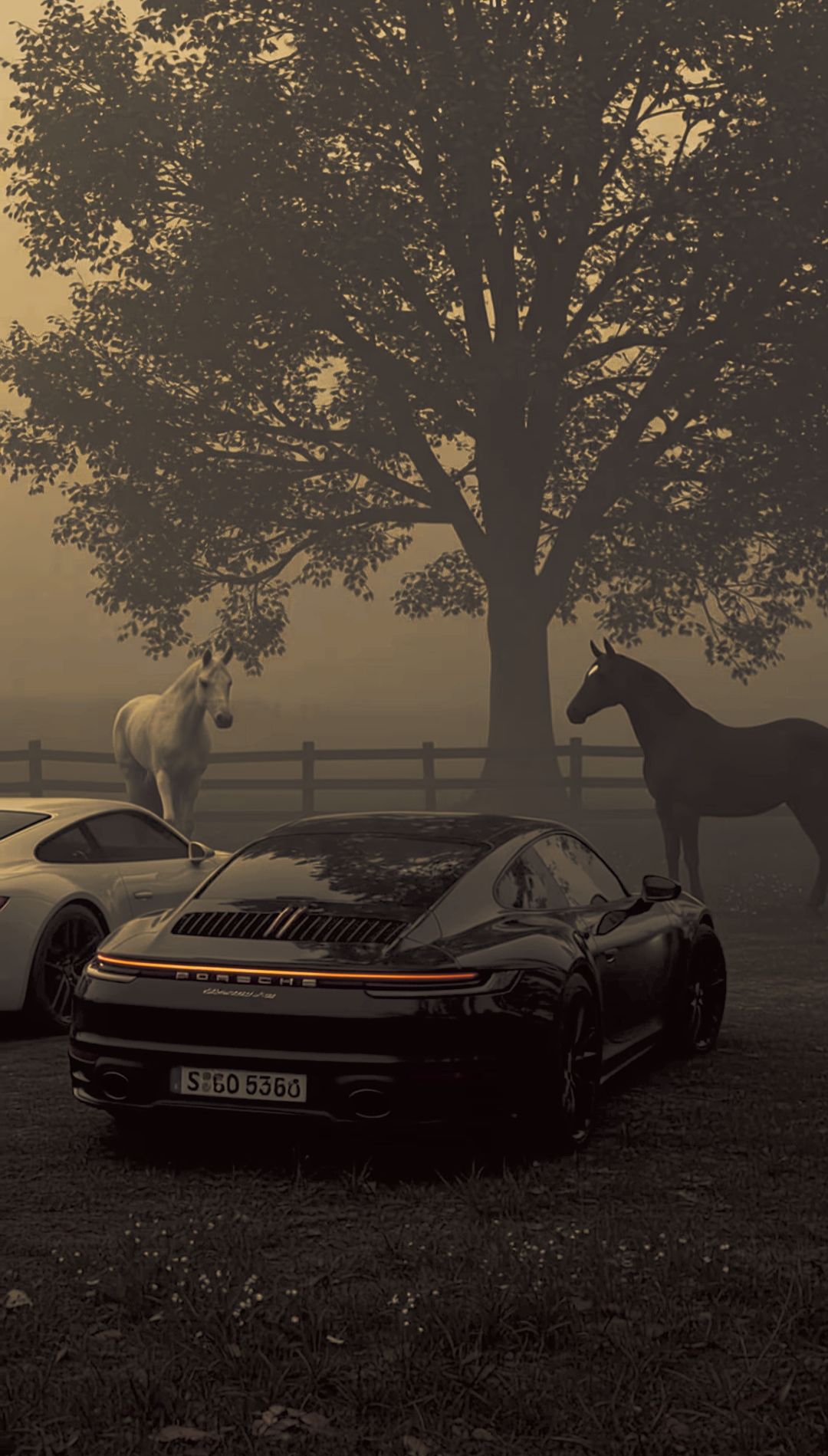two horses are standing in the fog next to some cars and a horse is walking by